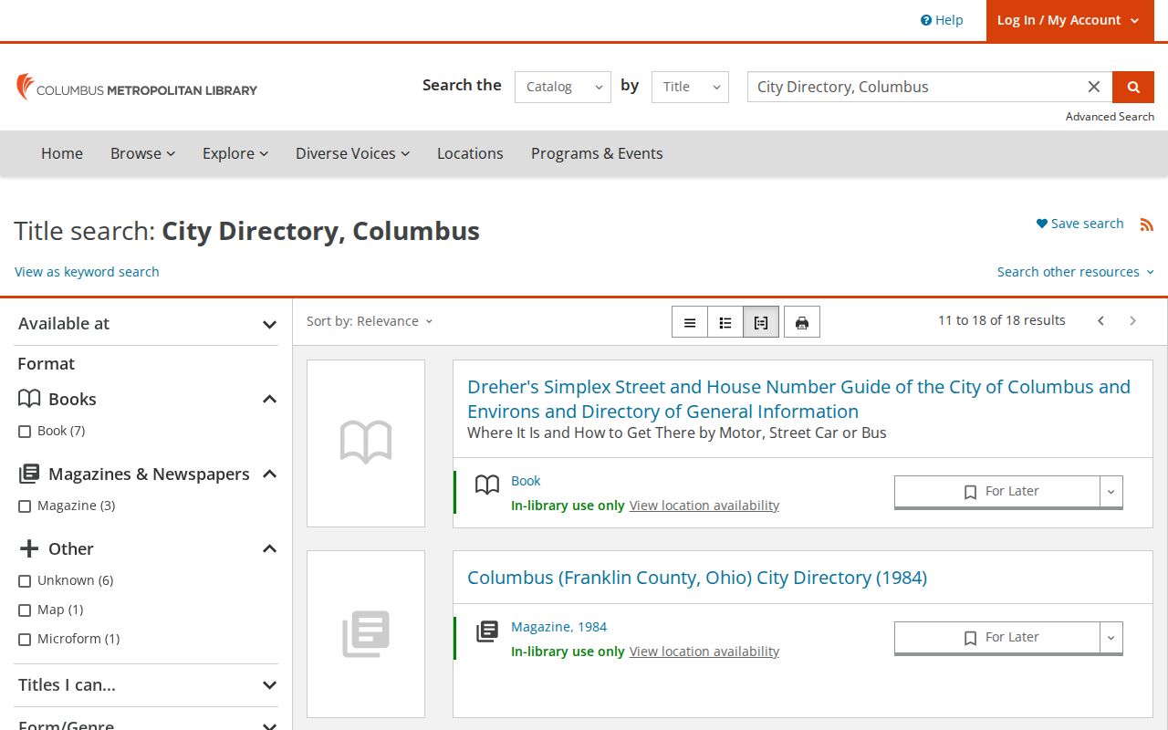 Franklin Township city directory library catalog search