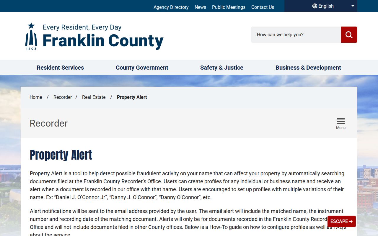 Franklin Township residents directory Recorder Property Alert service