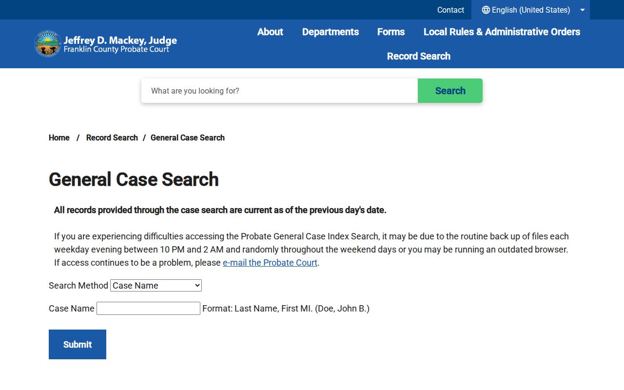 Franklin Township resident lookup using the Franklin County Probate general case search