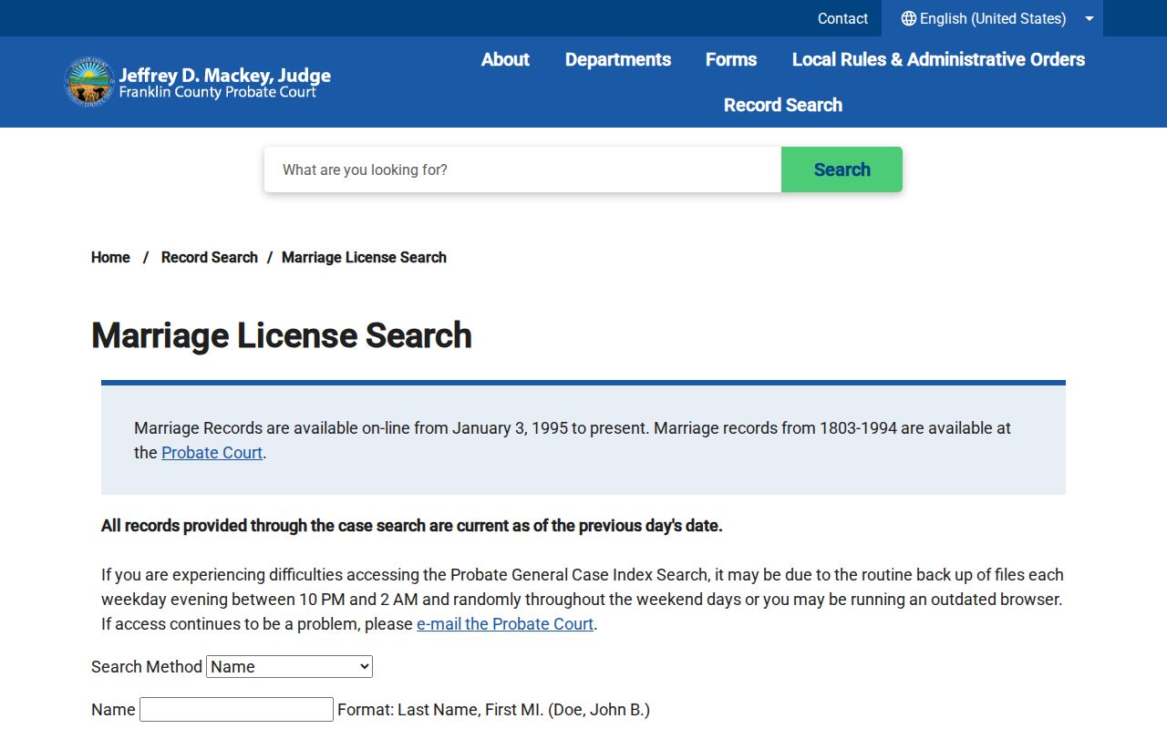 Franklin Township resident lookup through Franklin County Probate marriage license records